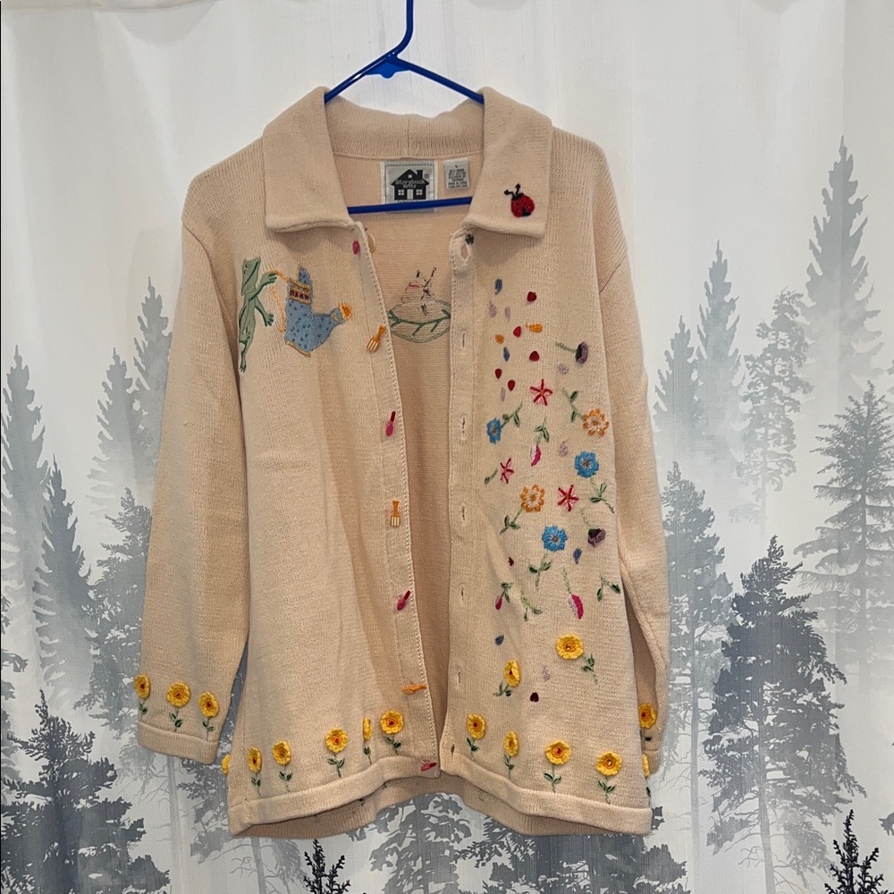 Storybook Knits Cream Cardigan with Floral Embroidery